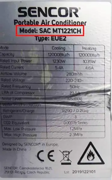 Photo from the official notice: Sencor Portable Air Conditioner — burns & fire risk