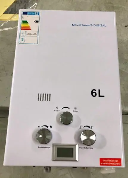 Foto do aviso oficial: Megamove PROPAAN/BUTAAN GAS GEISER Esquentador de água a gás — risco: Asfixia & Incêndio