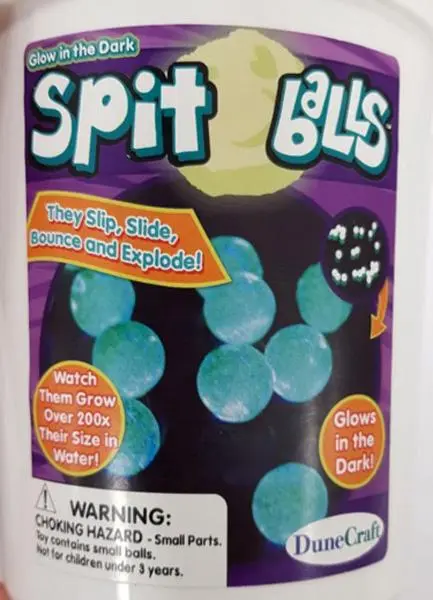 Foto do aviso oficial: Dune Craft Glow in the Dark Spit Balls Brinquedo expansível — risco: Engasgamento & Ferimentos