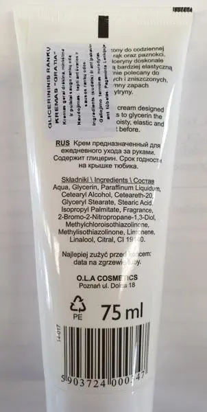 Photo de l’avis officiel: GRATIA Krem glicerynowy Crème pour les mains — risque: Risque chimique (A12/1255/19)
