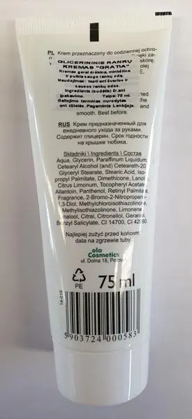 Photo de l’avis officiel: GRATIA Krem glicerynowy Crème pour les mains — risque: Risque chimique (A12/1257/19)
