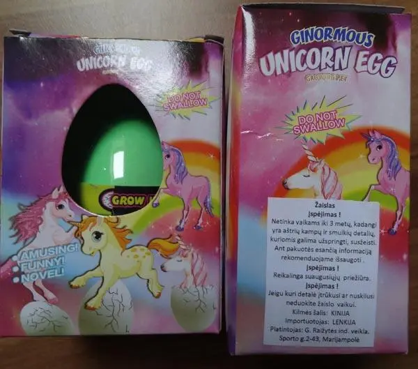 Foto aus der offiziellen Meldung: Ginormous Unicorn Egg Expandierendes Spielzeug — Risiko: Ersticken