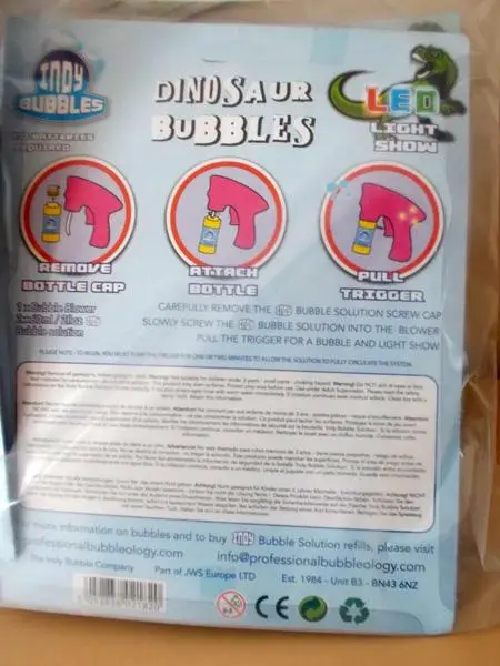 Foto uit de officiële melding: Indy Bubbles Dinosaur bubbles LED Bubbelpistool met LED — risico: Aantasting van het gezichtsvermogen & Microbiologische risico's
