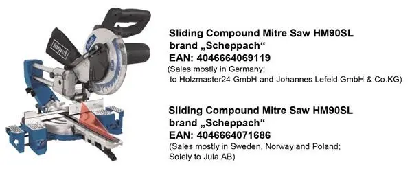 Photo from the official notice: Scheppach Sliding compound mitre saw — electric shock risk