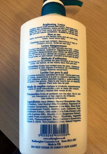 Foto do aviso oficial: Radiant Glow botanical Brightening lotion Produto de clareamento da pele — risco: Químico