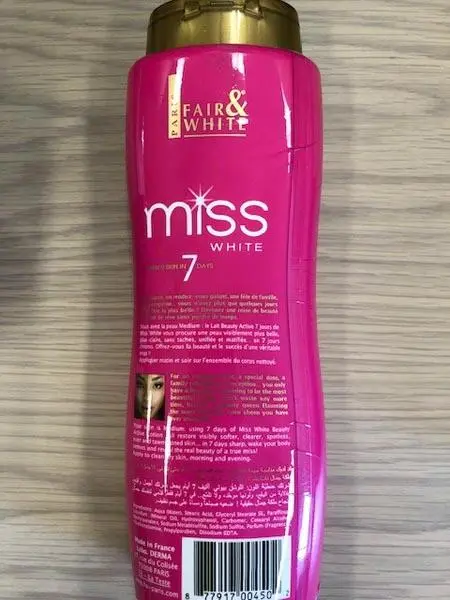 Foto dell’avviso ufficiale: Fair and White, Miss White Lait eclaircissant / Lightening body lotion Prodotto schiarimento della pelle — rischio: Rischio chimico