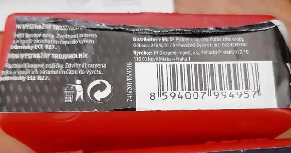 Photo from the official notice: SHERON, YG Výstražný trojúhelník/trojuholník warning triangle — injuries risk