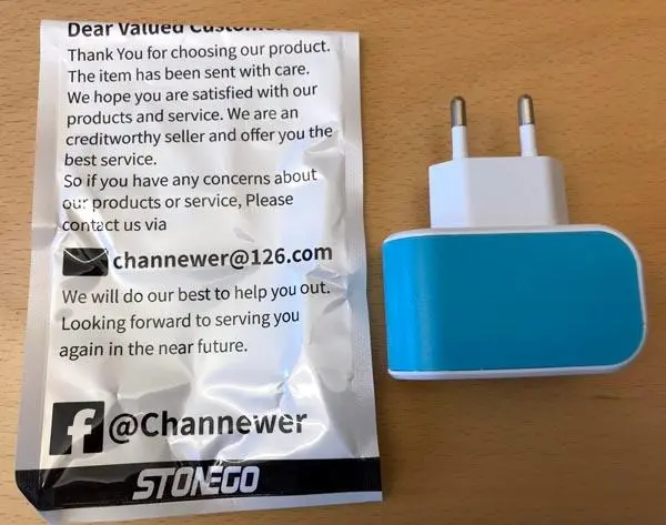 Foto uit de officiële melding: Stonego 3 USB universal wall charger USB-oplader — risico: Milieu