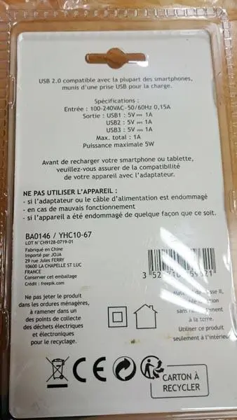 Photo de l’avis officiel: Joja Mains/USB adapter Chargeur USB — risque: Choc électrique