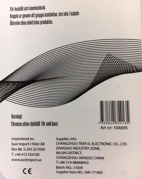 Photo from the official notice: Laddkabel för mobil och surfplatta charger cable for mobile devices — chemical risk