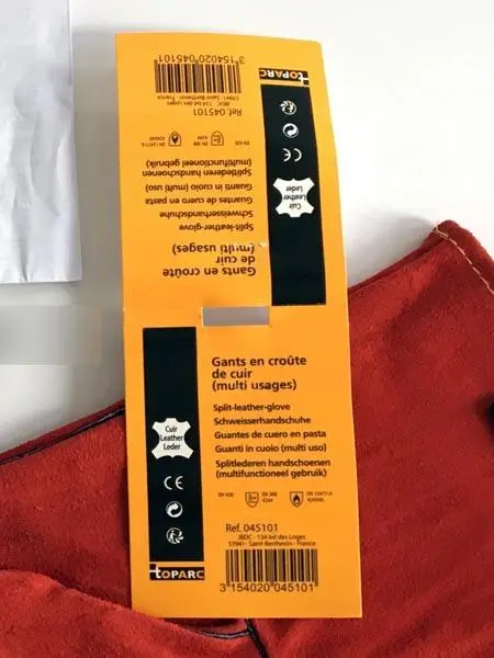 Photo from the official notice: Toparc Gants en croûte de cuir work gloves — chemical risk