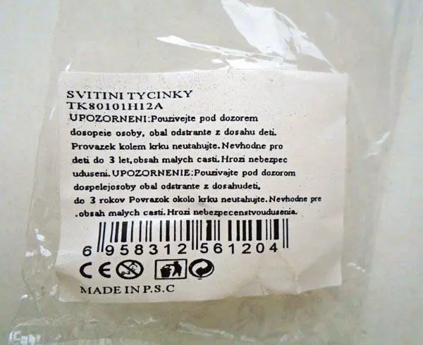 Photo de l’avis officiel: SVITINI TYCINKY Bâton lumineux — risque: Risque chimique