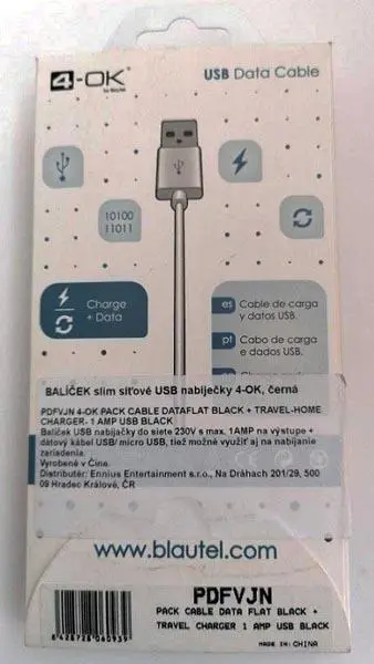 Foto do aviso oficial: 4-OK Pack Cable Data Flat+Travel Charger 1Amp USB Black Conjunto de carregador USB — risco: Choque elétrico