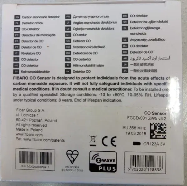 Photo from the official notice: Fibaro CO sensor carbon monoxide detector — suffocation risk