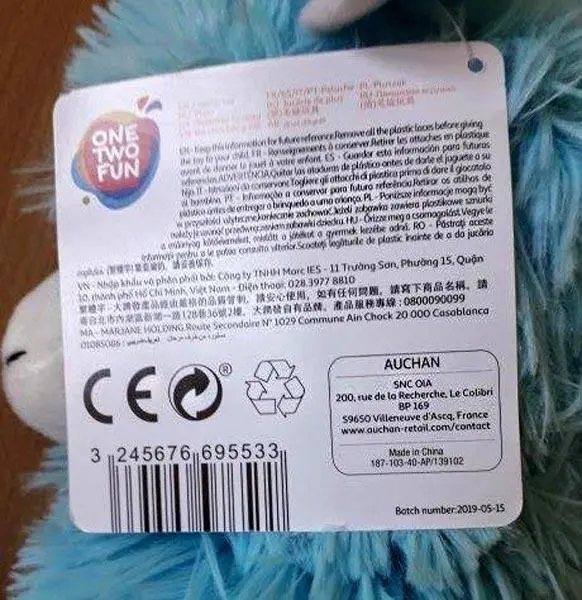 Photo from the official notice: One Two Fun Cuddly Toy Peluche soft toy — choking risk