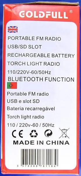 Foto aus der offiziellen Meldung: Goldfull FM Radio with USB/SD Card Slot Tragbares FM-Radio — Risiko: Elektrischer Schlag