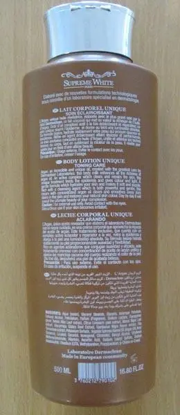 Foto aus der offiziellen Meldung: Supreme White Paris Body Lotion Revelation  - Toning care Hautaufhellungsprodukt — Risiko: Chemikalie