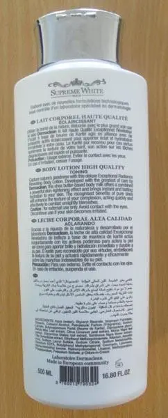 Foto aus der offiziellen Meldung: Supreme White Paris Body Lotion High Quality - Toning care Hautaufhellungsprodukt — Risiko: Chemikalie