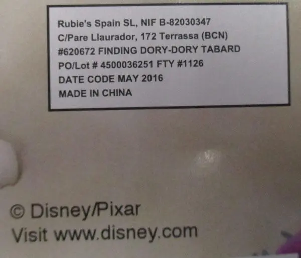 Foto aus der offiziellen Meldung: Rubie's DISNEY PIXAR - FINDING DORY Fancy-Kleid Kostüm — Risiko: Ersticken durch Sauerstoffmangel