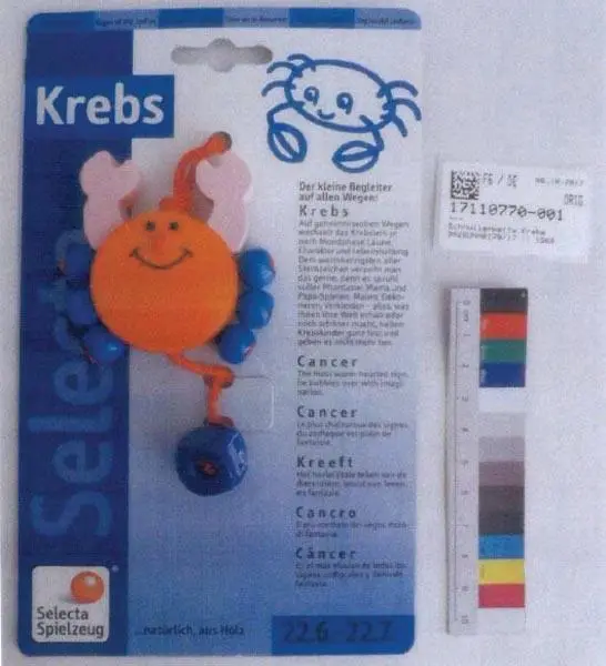 Foto aus der offiziellen Meldung: Selecta Spielzeug Löwe, Zwilling, Krebs, Waage, Fisch, Wassermann, Schütze Dummy Kette mit Holzspielzeug — Risiko: Ersticken