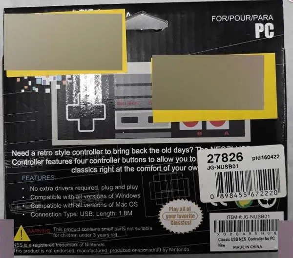 Foto dell’avviso ufficiale: NES G-Tron Classic NES USB Controller for PC Controller di gioco — rischio: Ambiente
