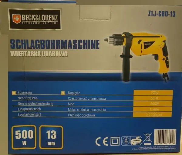 Foto aus der offiziellen Meldung: Beck&amp;Lorenz Schlagbohrmaschine / Wiertarka udarowa Schlagbohrer — Risiko: Verbrennungen & Elektrischer Schlag