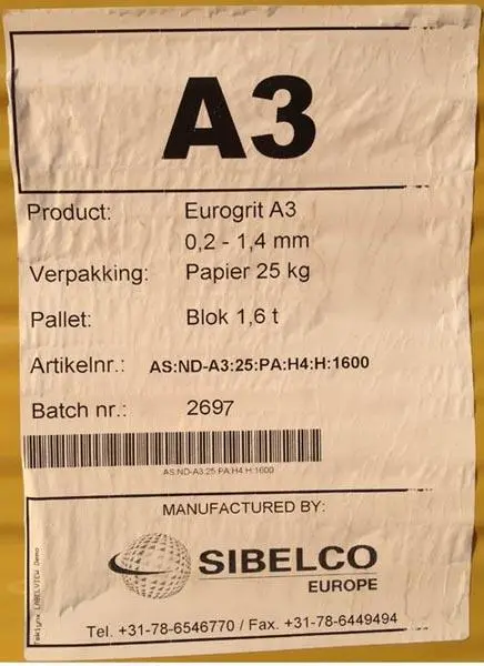 Photo from the official notice: SIBELCO EUROGRIT Blastcleaning grit, Aluminium silicate blastcleaning grit, Coal slag grit, ABRASIVE ISO 11126 — chemical & health risk