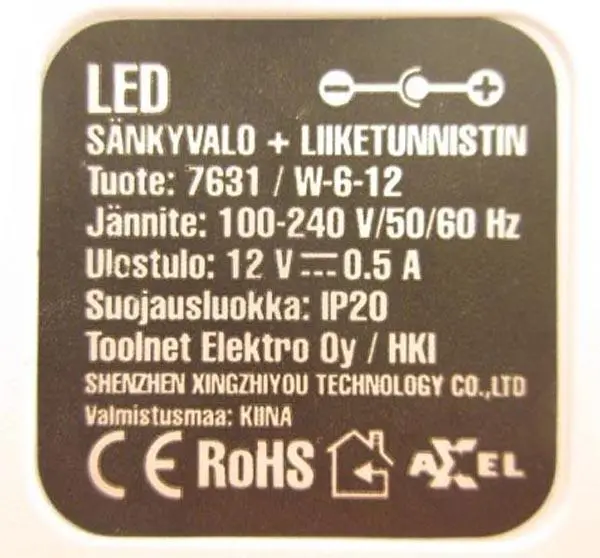 Foto do aviso oficial: Axxel Sänkyvalo + Liiketunnistin Luz da cama — risco: Choque elétrico