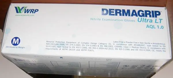 Foto aus der offiziellen Meldung: Dermagrip, WRP / Nitrile Examination Gloves Kunststoffhandschuhe — Risiko: Chemikalie