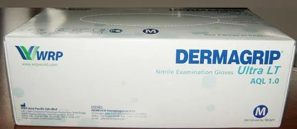 Foto aus der offiziellen Meldung: Dermagrip, WRP / Nitrile Examination Gloves Kunststoffhandschuhe — Risiko: Chemikalie