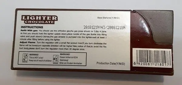 Foto do aviso oficial: Jinming LIGHTER CHOCOLATE Isqueiro novidade — risco: Incêndio