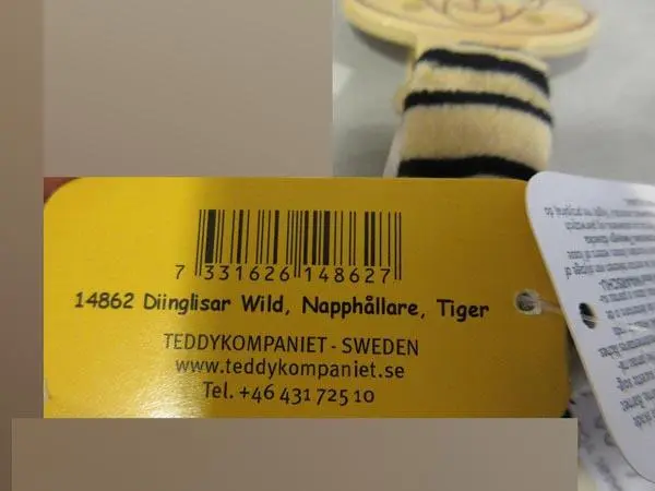 Photo de l’avis officiel: Teddykompaniet Diinglisar Wild, Tiger Support de sucette avec jouet — risque: Étouffement & Blessures