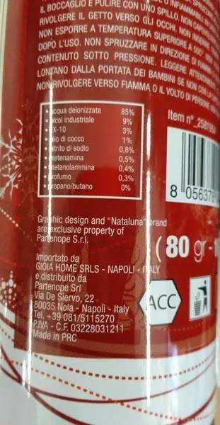 Foto uit de officiële melding: NATALUNA Decorazioni Neve Spray floccata Aerosol sneeuwspray — risico: Brandwonden