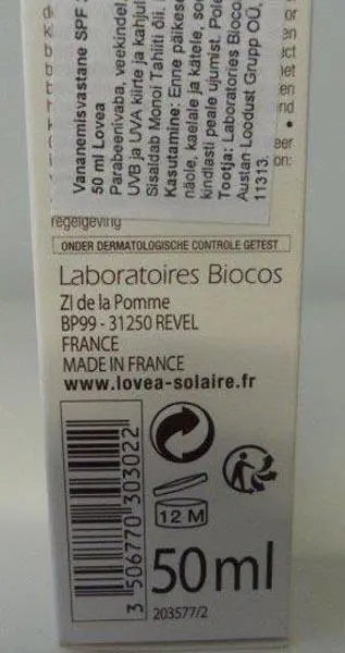 Photo de l’avis officiel: Lovea SPF 30 Haute Protection Écran solaire — risque: Risque chimique