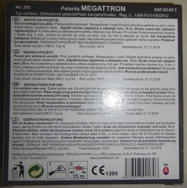 Photo de l’avis officiel: Privatex Pyro Megattron Feux d’artifice — risque: Lésions auditives