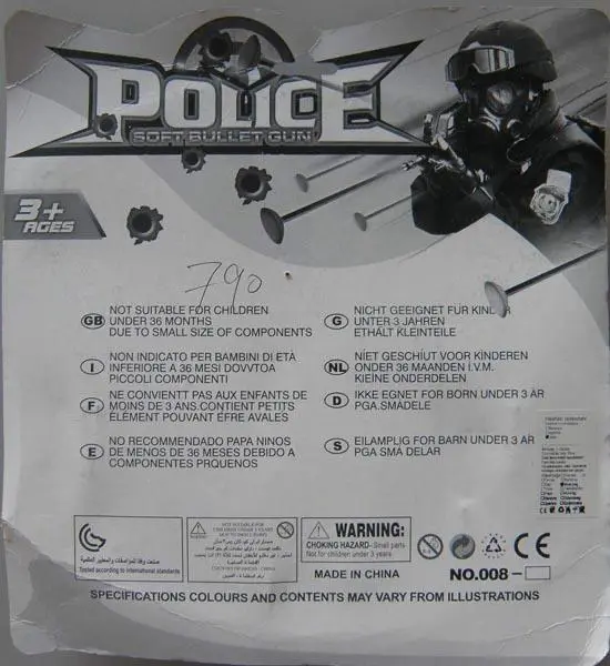 Foto dell’avviso ufficiale: POLICE SOFT BULLET GUN Set di polizia giocattolo — rischio: Rischio chimico & Ostruzione delle vie aeree (A12/0371/18)