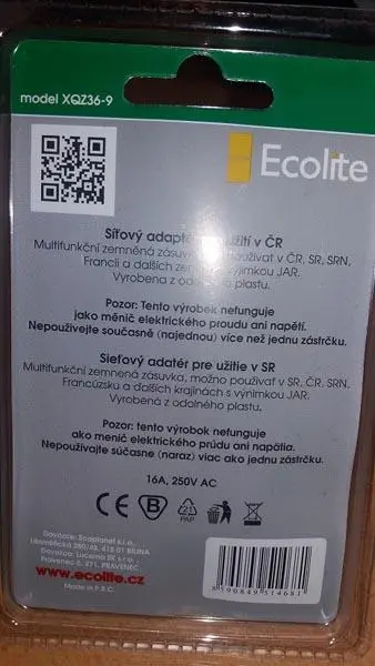 Foto uit de officiële melding: Ecolite / Ecoplanet Sietovy Adapter De adapter van de reisstekker — risico: Elektrische schok