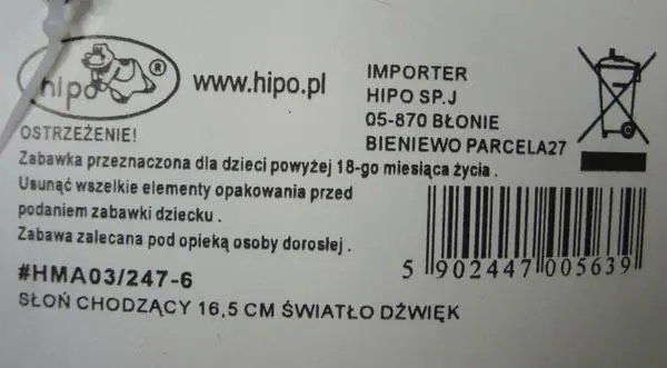 Photo from the official notice: Hipo Slon chodzacy plastic toy — choking risk