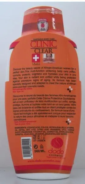 Foto aus der offiziellen Meldung: Clinic Clear Whitening Body Lotion Aufhellungscreme der Haut — Risiko: Chemikalie