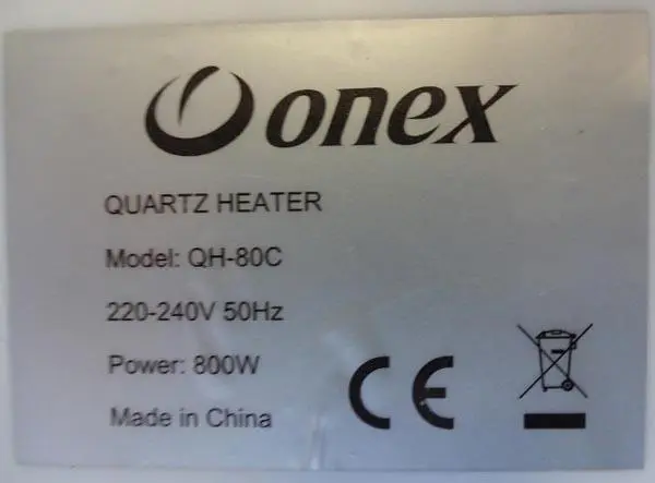 Foto do aviso oficial: onex Quartz Heater Esquentador elétrico — risco: Queimaduras & Choque elétrico