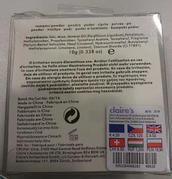 Photo de l’avis officiel: Claire's Compact Powder Maquillage — risque: Risque chimique