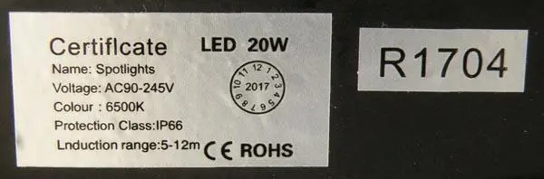 Photo de l’avis officiel: Spotlights Projecteur LED — risque: Choc électrique