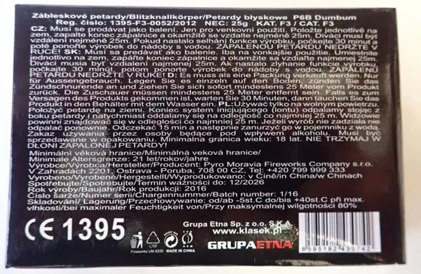 Photo from the official notice: Klasek DUMBUM firework — damage to hearing risk