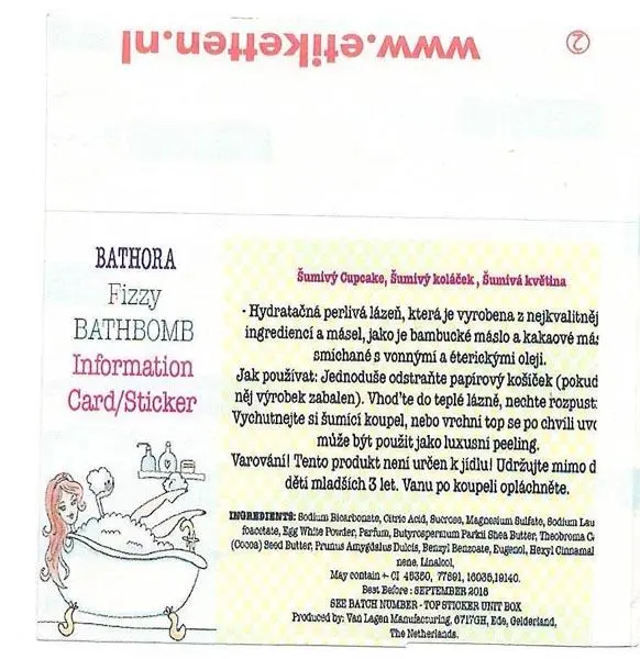 Photo from the official notice: BATHORA Fizzy Bathbomb - Koupelovy Cupcake bath salts — choking risk