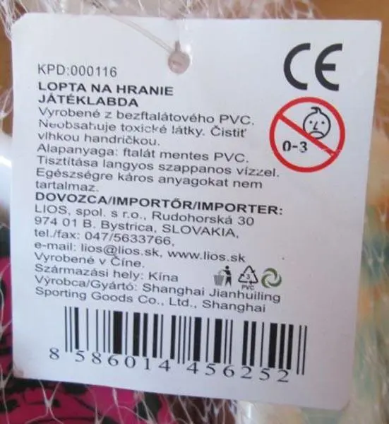 Foto dell’avviso ufficiale: “LOPTA NA HRANIE” / “JÁTÉKLABDA” Palla di plastica — rischio: Rischio chimico