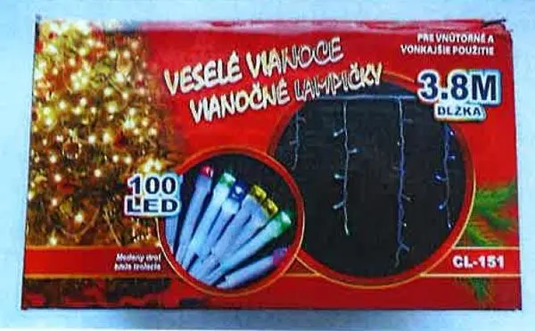 Photo de l’avis officiel: Vianocne lampicky 100 LED Chaîne d’éclairage — risque: Choc électrique (A12/0725/18)