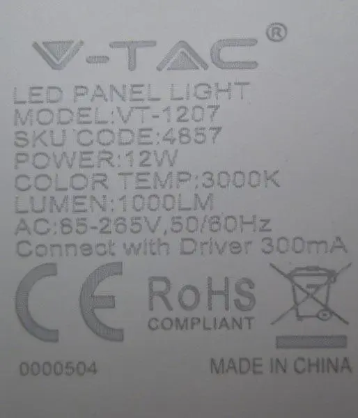 Foto do aviso oficial: V-TAC LED Panellight Luz LED — risco: Choque elétrico