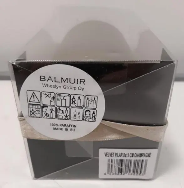 Photo from the official notice: Balmuir Velvet pilar candle — burns & fire risk