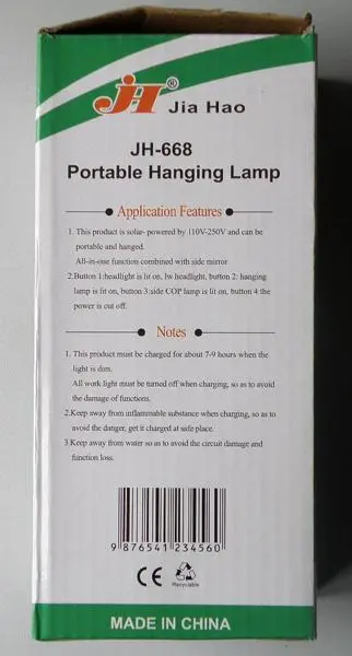 Photo de l’avis officiel: Jia Hao Portable Hanging Lamp Lampe/torche à LED portable — risque: Choc électrique & Incendie