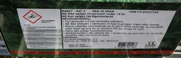Photo from the official notice: Fyrværkerieksperten a/s Proline 34R firework — burns risk